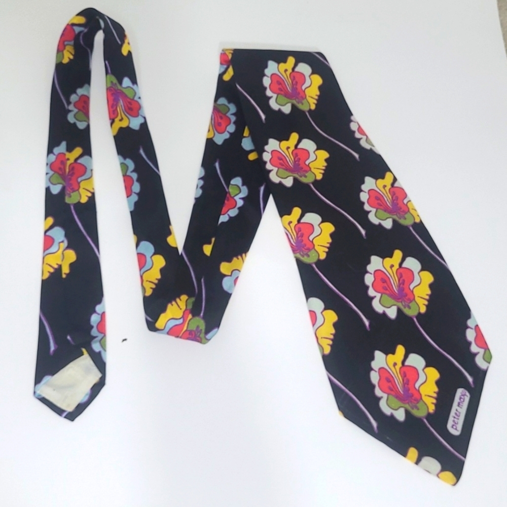 Peter Max Silk Tie Signed Pop Art Black w Hibiscus Floral Print Blue Pink Yellow